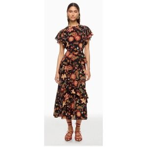 Ulla Johnson Amaia Dress Hellebore Floral Silk Midi Ruffle Flutter Sleeve
